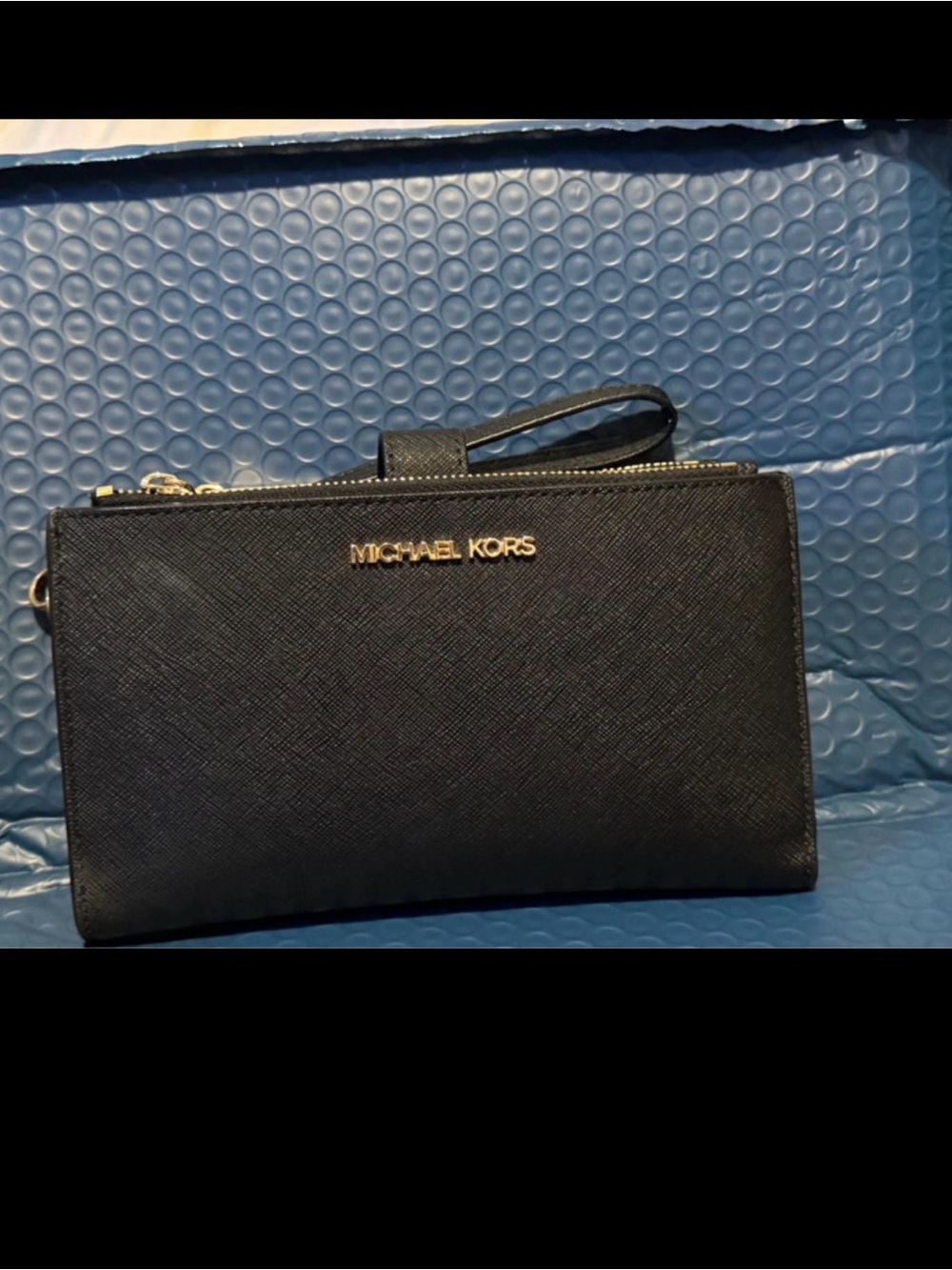Michael Kors Black Saffiano Leather Wristlet Clutch with Gold Logo